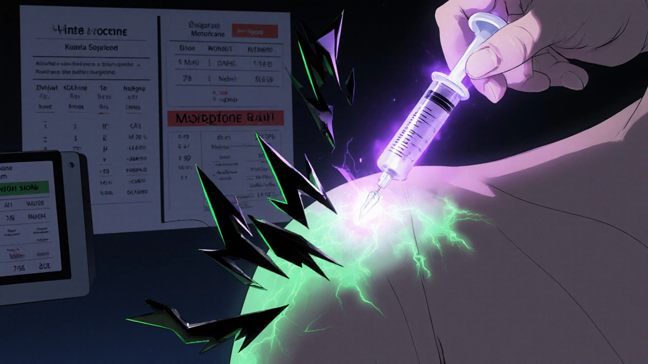 A nurse administering nalbuphine IV as itch signals shatter, with green pain pathways intact and purple therapeutic aura.