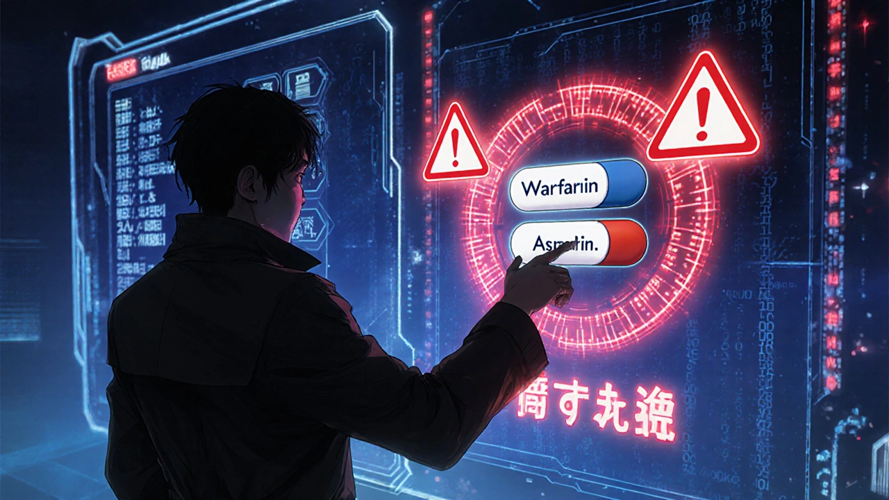 Analyst manipulating holographic drug icons for warfarin and aspirin with fatal outcome alerts.