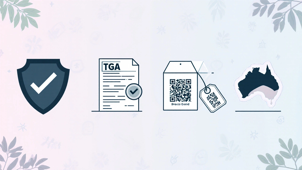 Checklist illustration of icons for secure site, prescription, TGA approval, and low price.