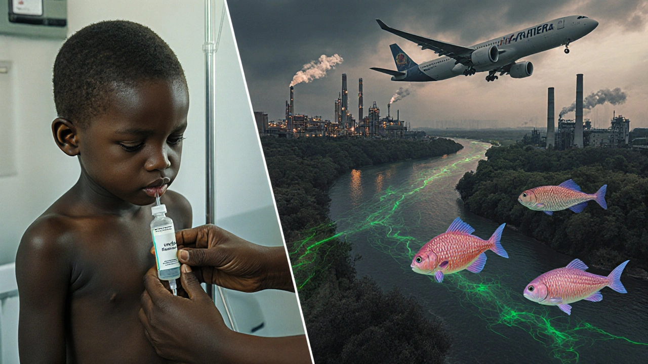 Child receiving treatment while hidden pollution spreads through rivers and skies, showing medicine's hidden toll.