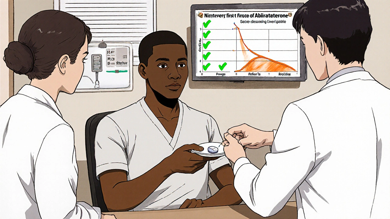 Clinic scene with patient receiving Abiraterone and team reviewing labs.