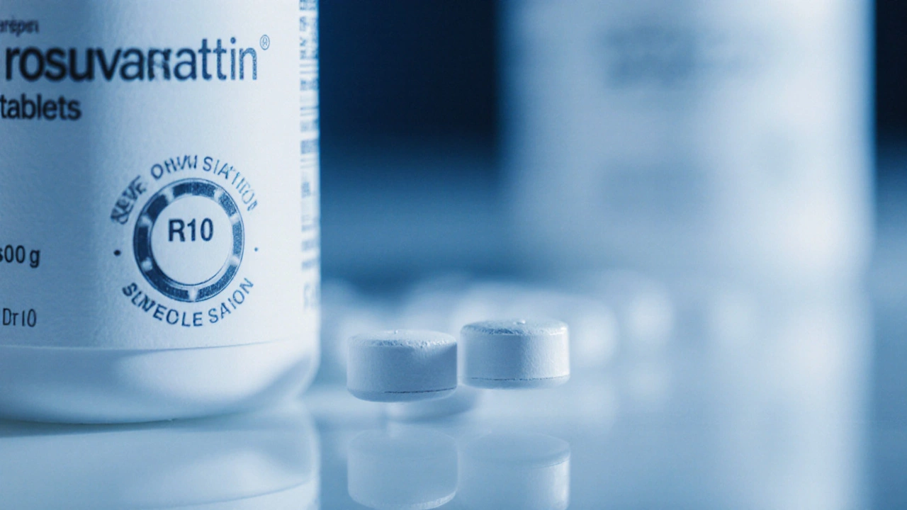 Close‑up of a sealed bottle of generic rosuvastatin tablets on a reflective surface.