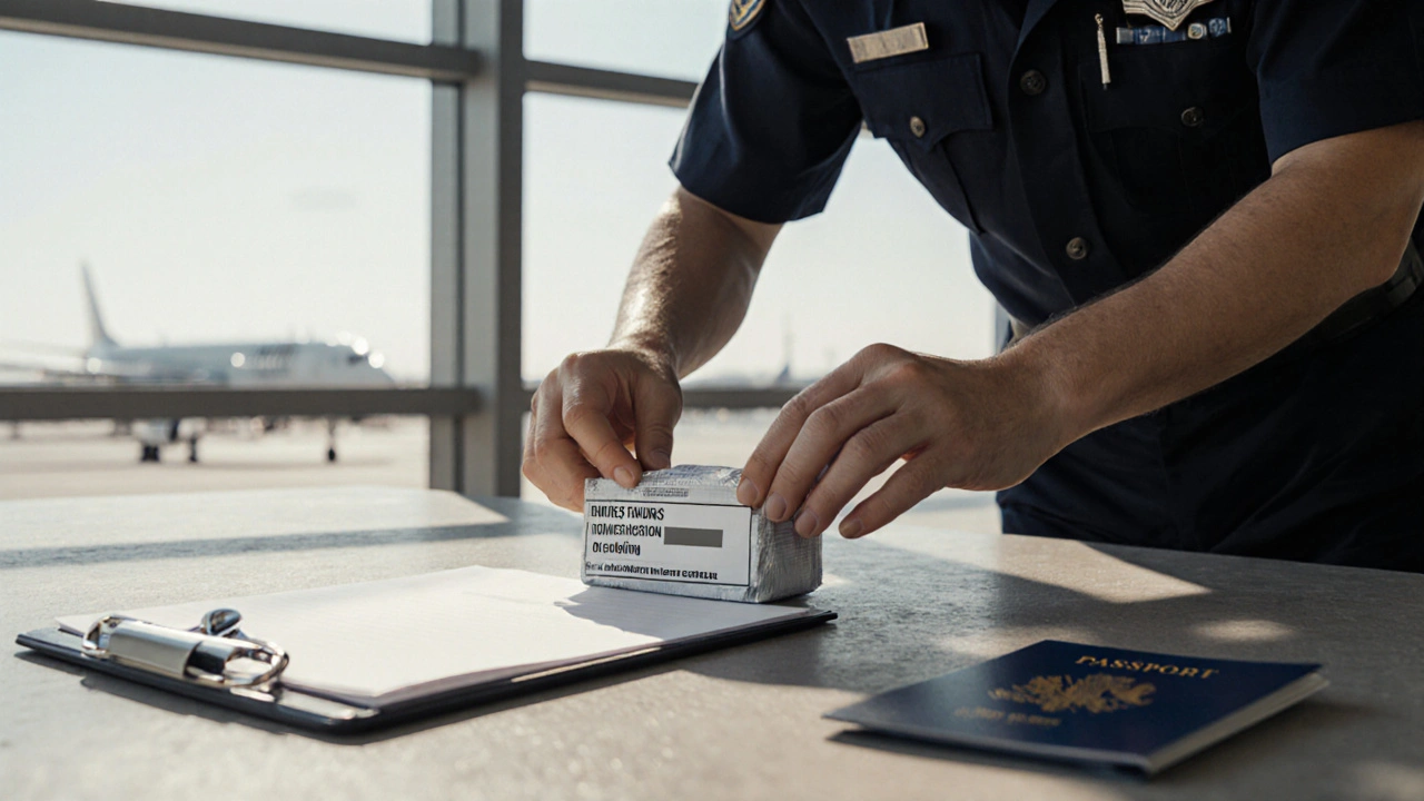 Customs officer inspecting a medication parcel at an Australian airport.