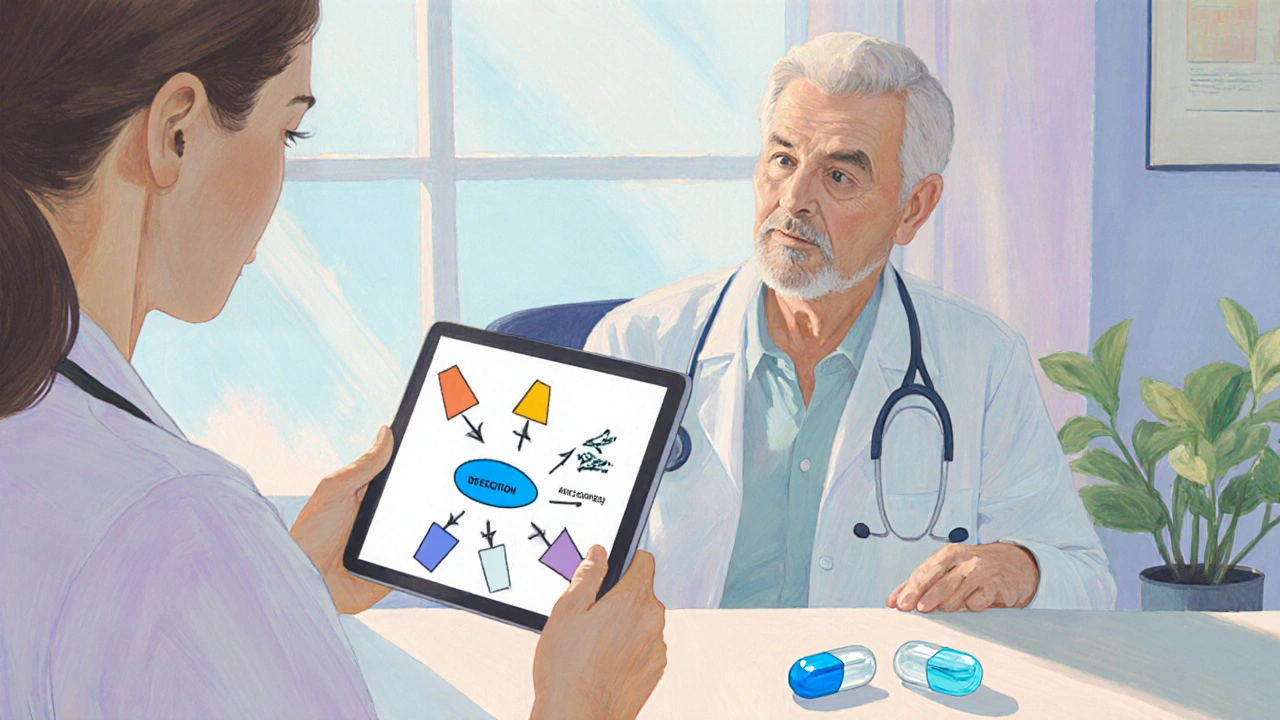 Doctor and patient discussing medication options with pills on the table in a bright office.