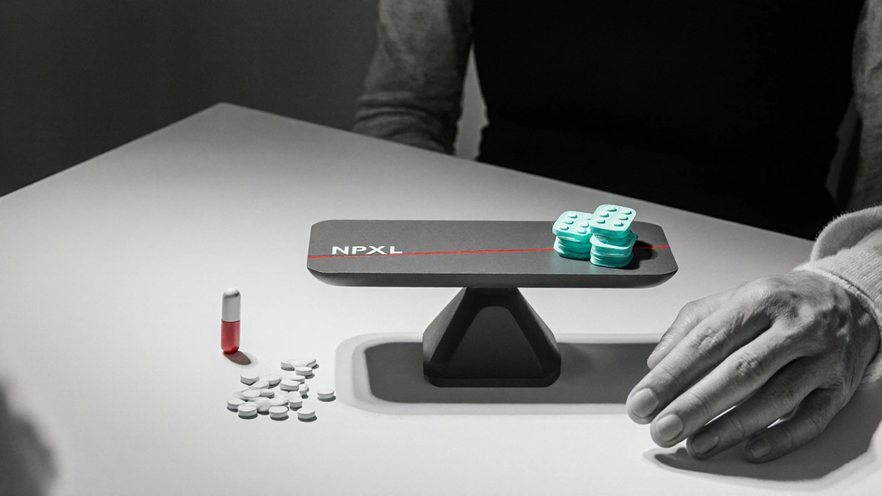 Doctor and patient weighing NPXL against generic NSAIDs with a subtle risk line.