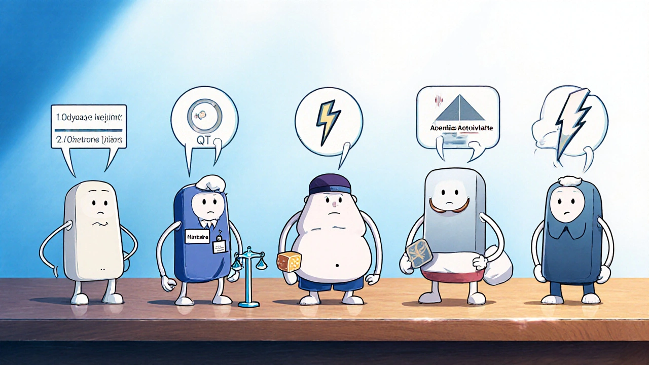 Five medication characters compare side‑effects, with Geodon highlighted.