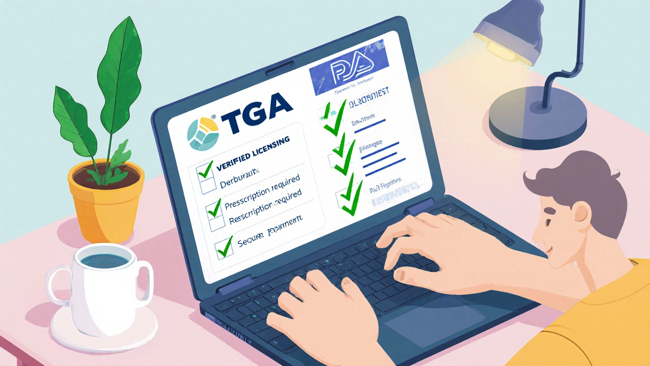 Flat illustration of a laptop screen showing pharmacy safety icons and a checklist.