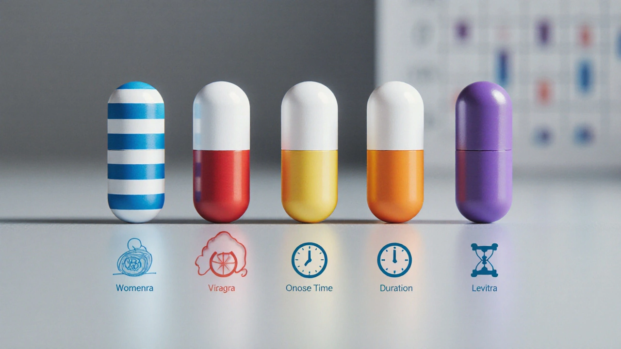 Flat lay of four ED pills (Womenra, Viagra, Cialis, Levitra) with abstract icons for price, onset, and duration.