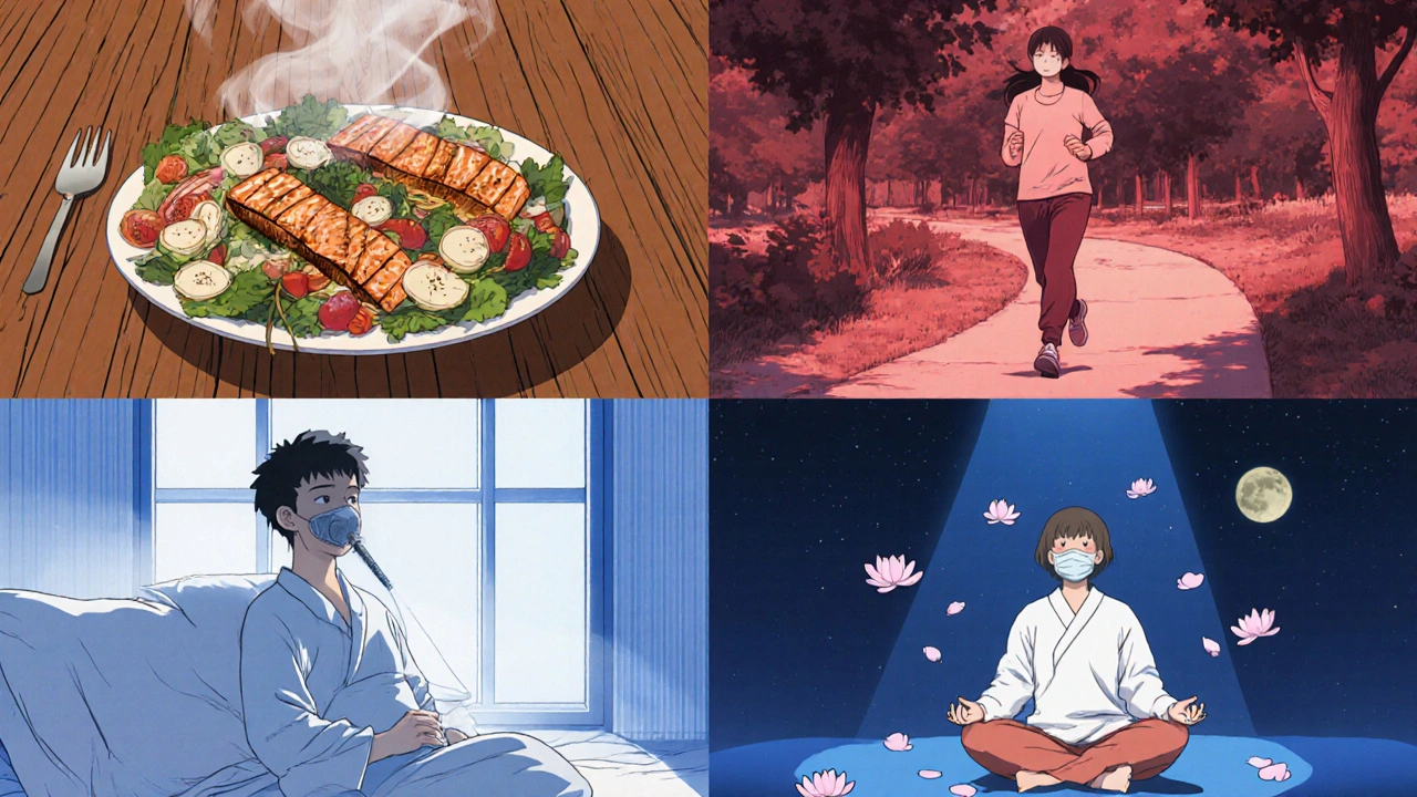 Four-part scene showing nutrition, exercise, sleep, and mindfulness self‑care activities.
