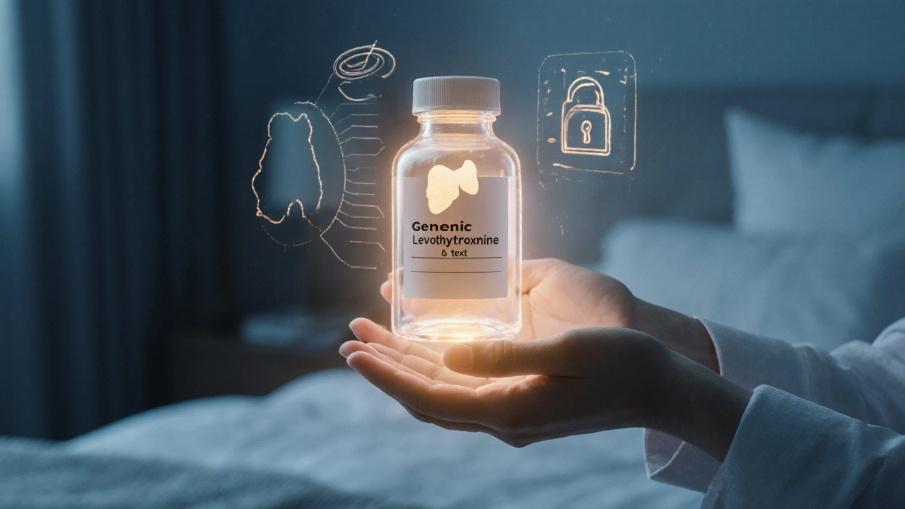 Glowing thyroid gland highlighted by a generic levothyroxine bottle in a dreamy setting.