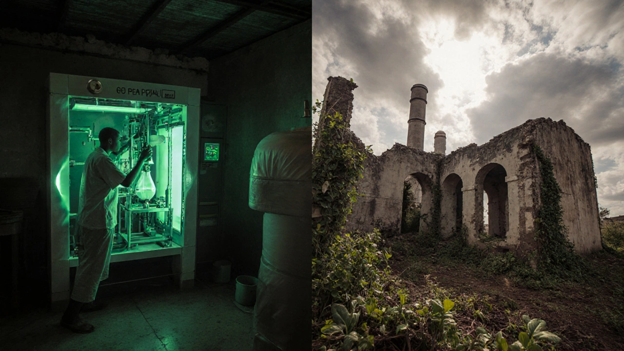 Green bioreactor in African clinic replacing old factory, representing sustainable, decentralized drug production.