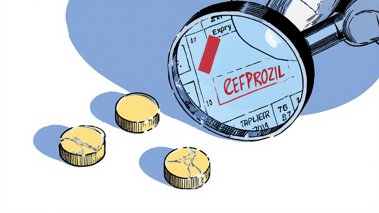 Hand examining Cefprozil tablets for color change and moisture with magnifying glass.