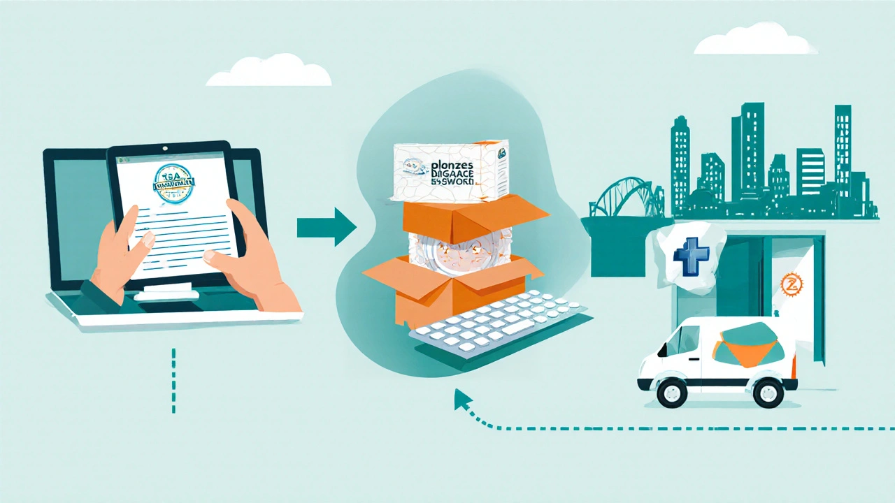 Illustrated steps of ordering generic celecoxib online, from prescription to delivery in Sydney.