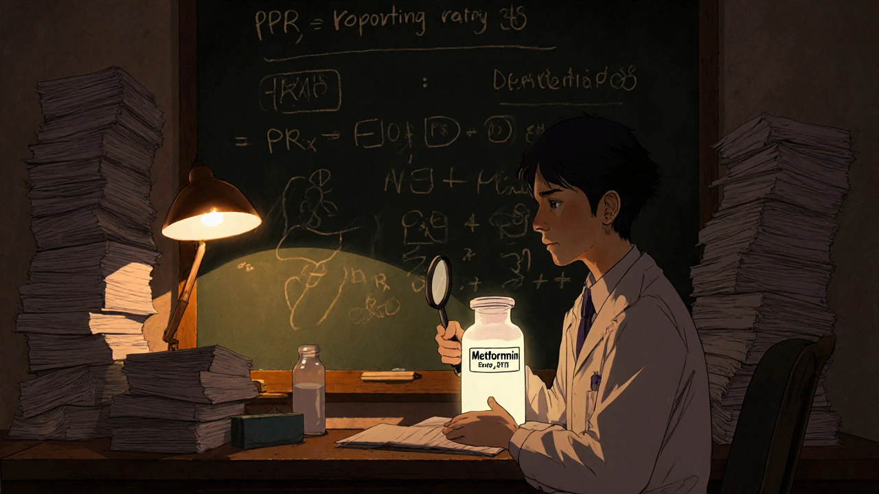Investigator examining medical reports and PRR formula in a dim lab, holding a magnifying glass over metformin.