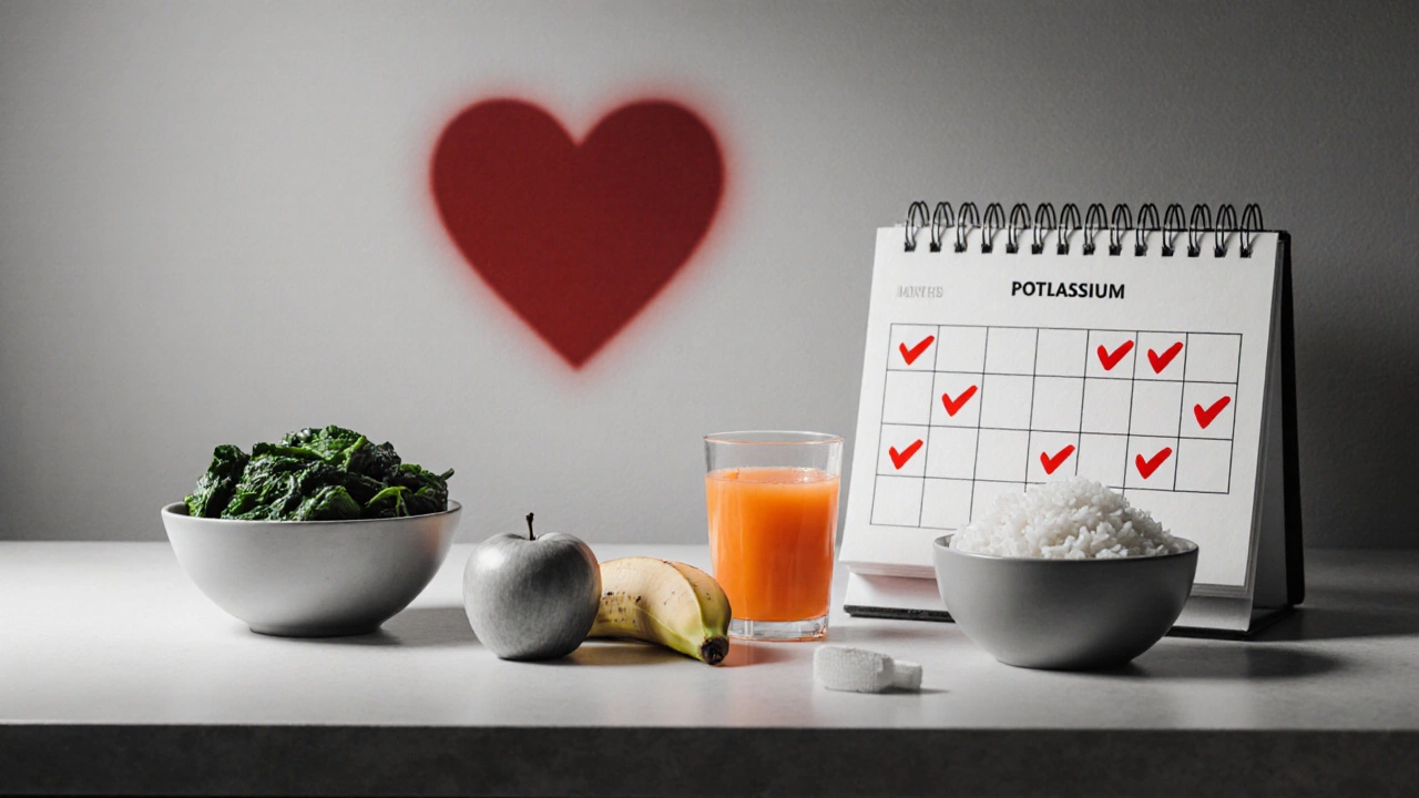 Kitchen counter with banana, spinach, orange juice, calendar check marks, and heart silhouette.