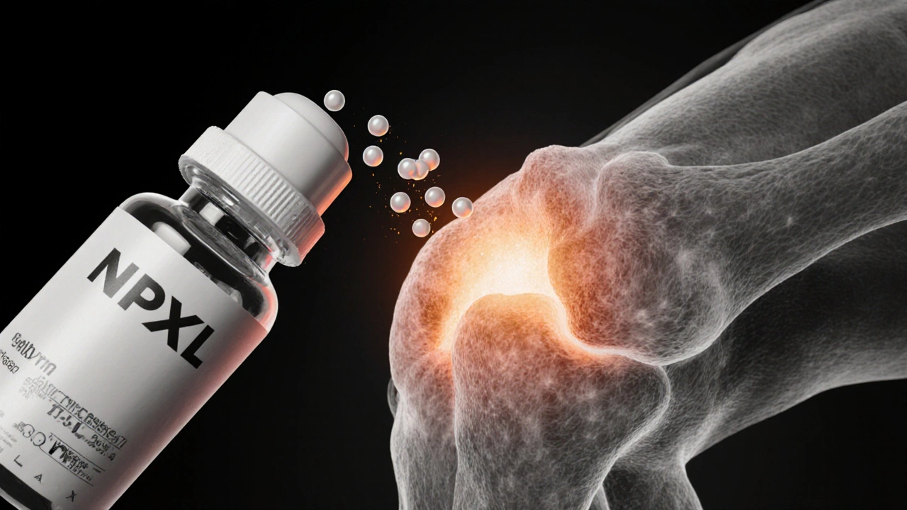 Knee joint illustration showing NPXL microparticles targeting inflamed tissue.