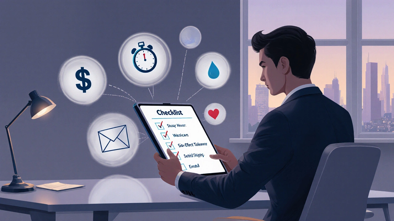 Man at a desk reviewing a tablet showing visual icons for budget, timing, health, side effects, and discreet shipping.