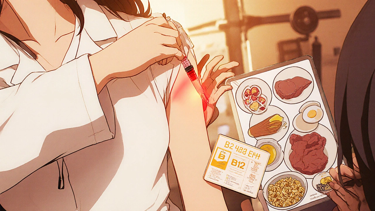 Nurse giving a B12 injection beside oral tablets and B12‑rich foods.