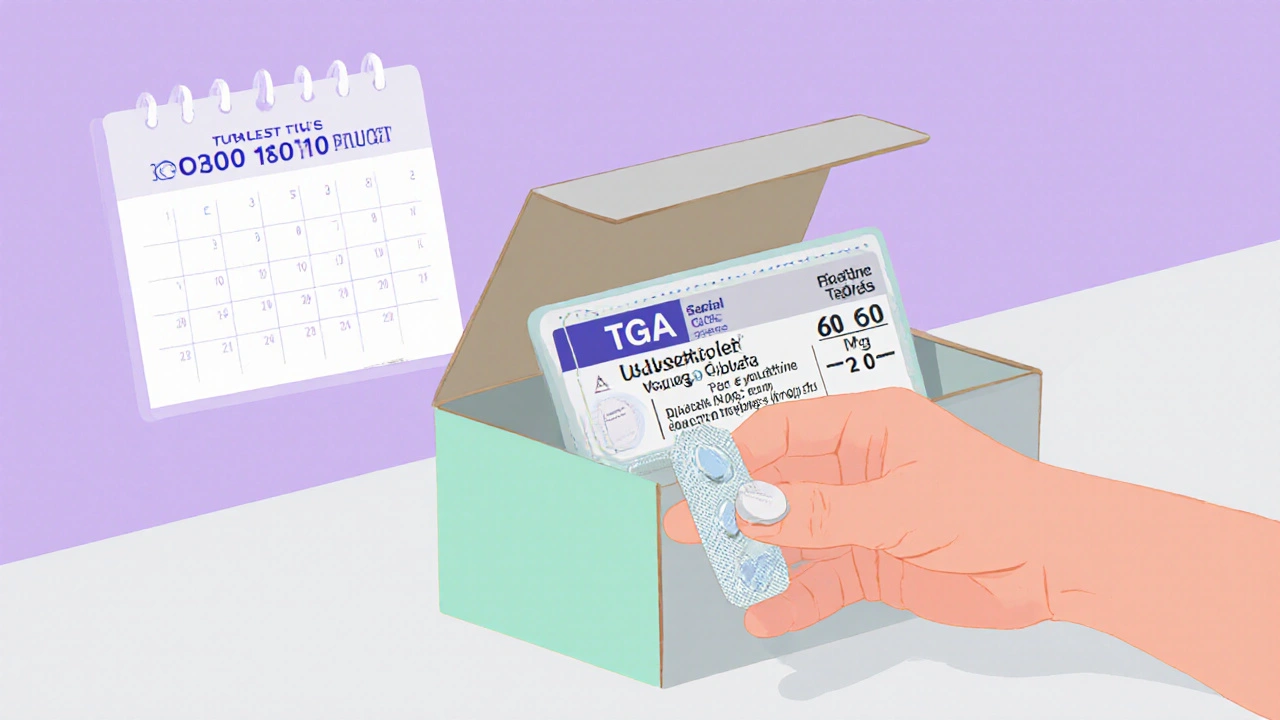 Open box revealing duloxetine blister pack with TGA seal as hand inspects tablets.
