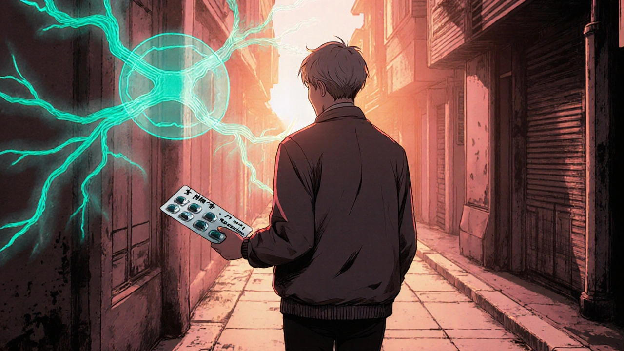 Parkinson&#039;s patient walking at sunrise, with glowing dopamine pathways in the background.