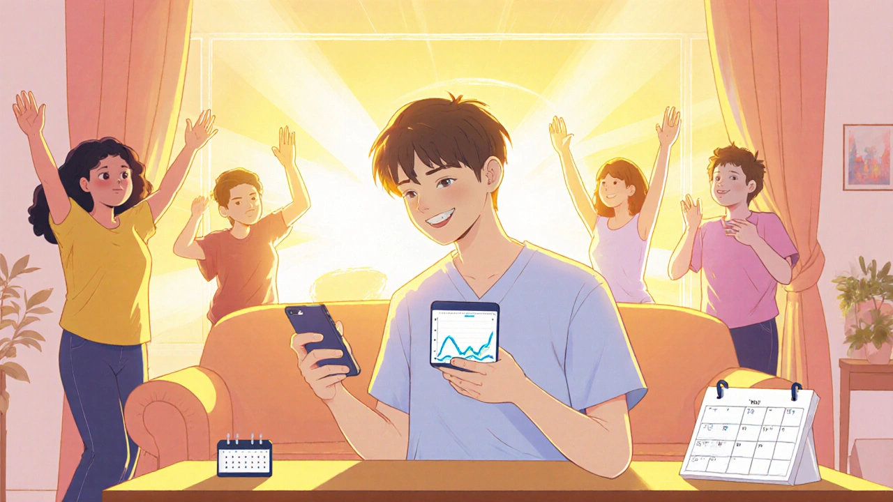 Patient using a phone for health tracking, surrounded by supportive friends at sunrise.