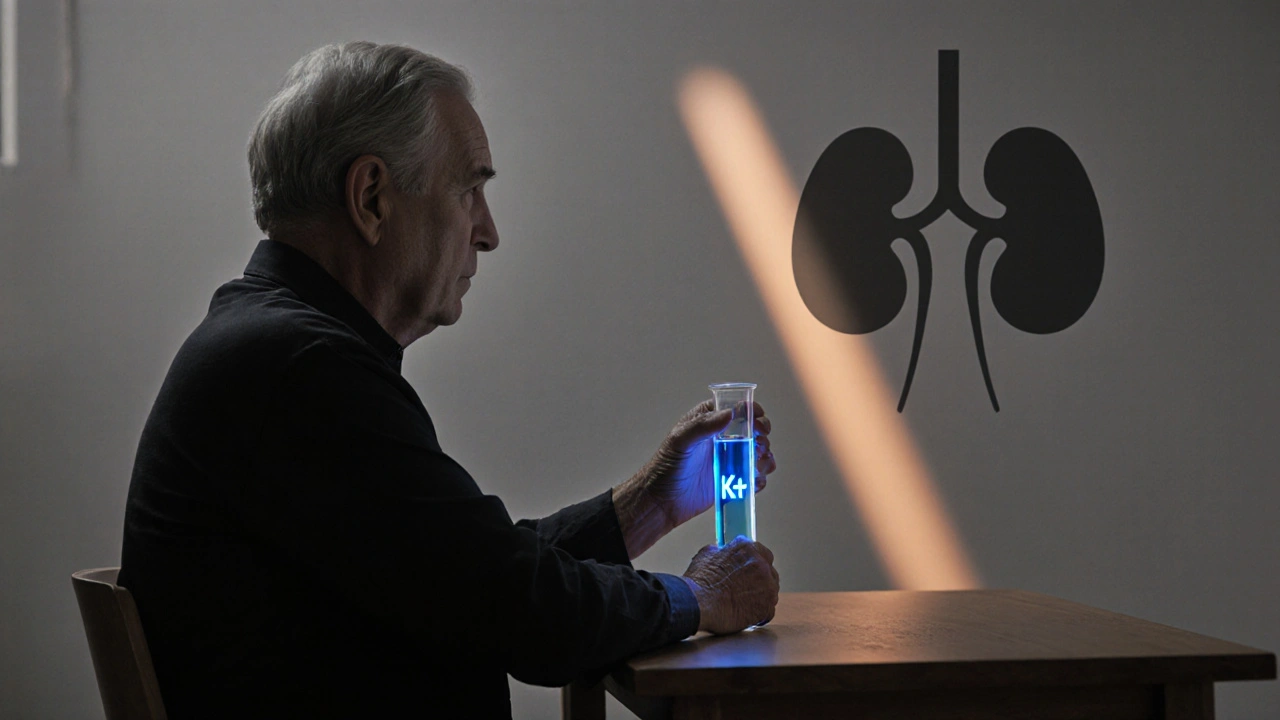 Person holding a test tube with a blue potassium ion, kidneys in background.