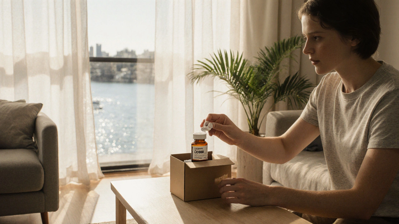 Person opening a delivery box, checking a generic celecoxib tablet imprint in a sunny Sydney apartment.