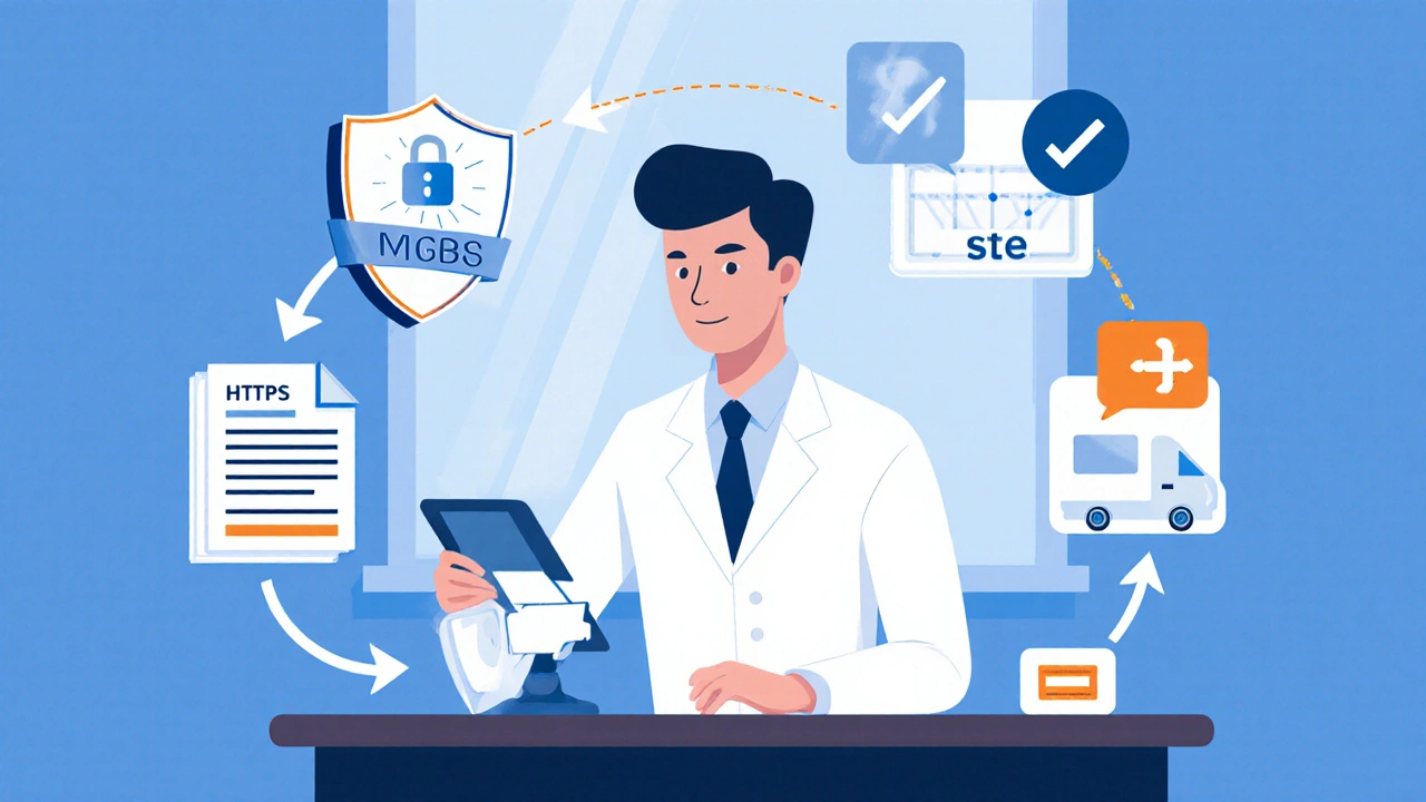 Pharmacist reviewing a blurred prescription on tablet with security icons.