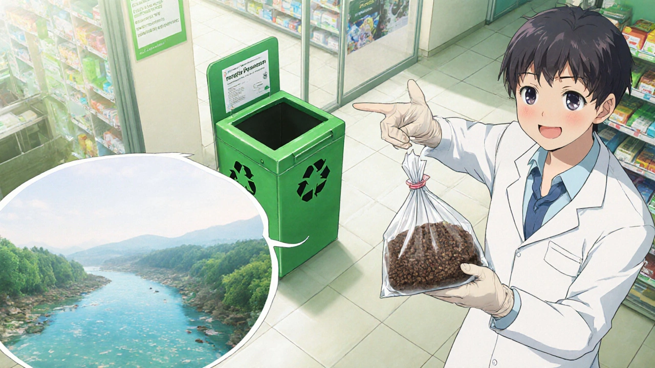 Pharmacy take‑back bin with person dropping sealed bag of crushed medication.