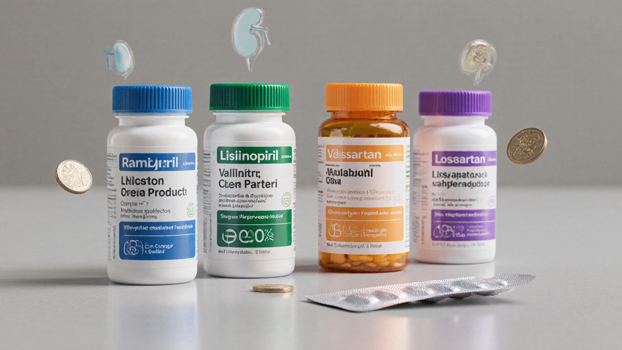 Photorealistic view of various prescription bottles representing Ramipril, Lisinopril, Losartan, Valsartan and a combo pill.