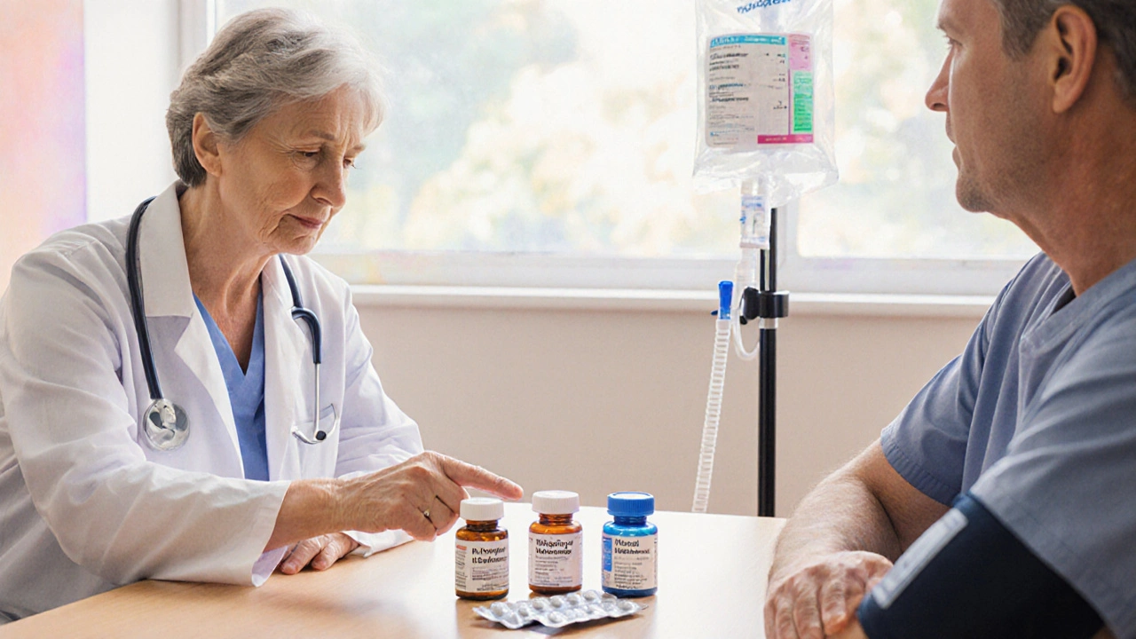 Primary‑care doctor discussing Paxlovid, Molnupiravir, and Remdesivir with a patient.