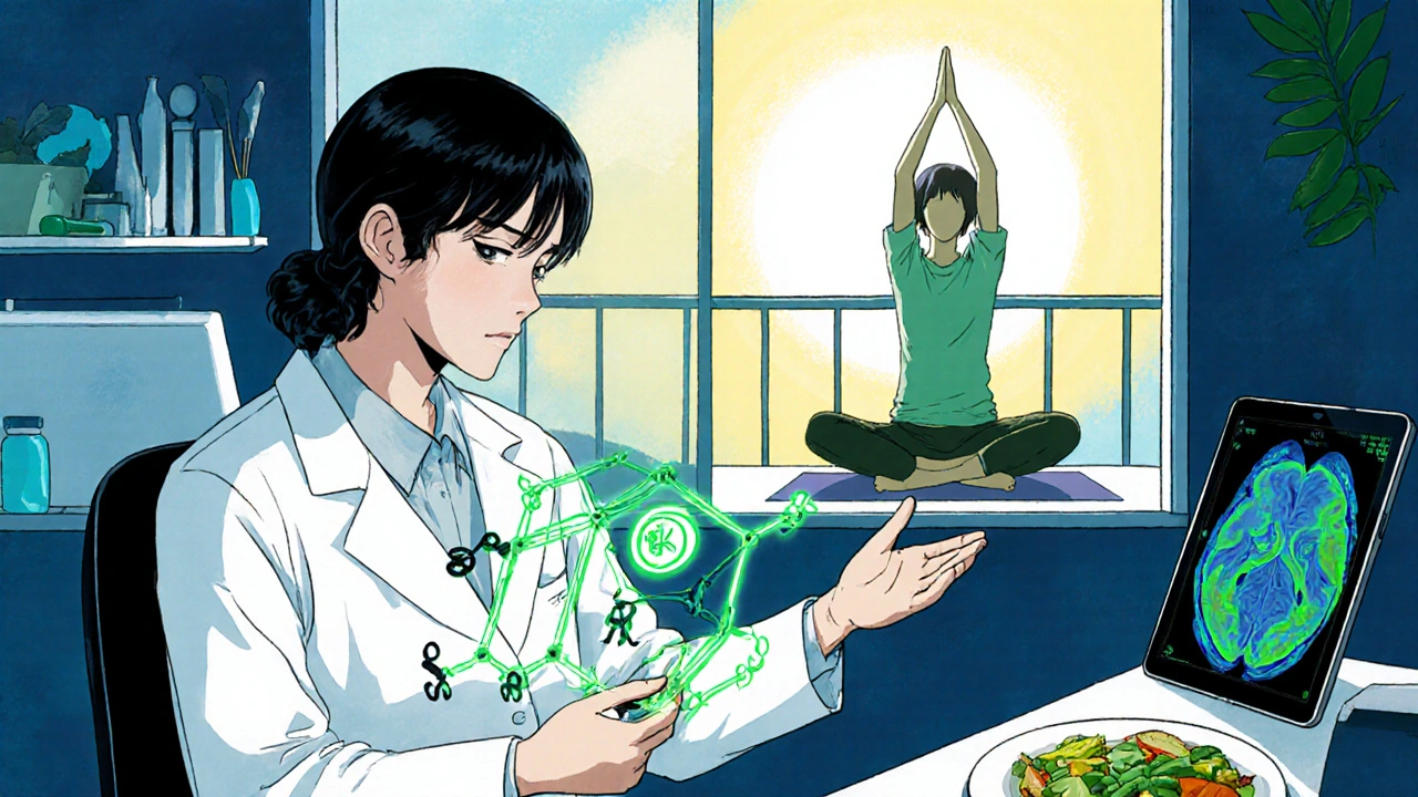 Scientist studying a hybrid molecule while a patient practices yoga and sees a brain scan.