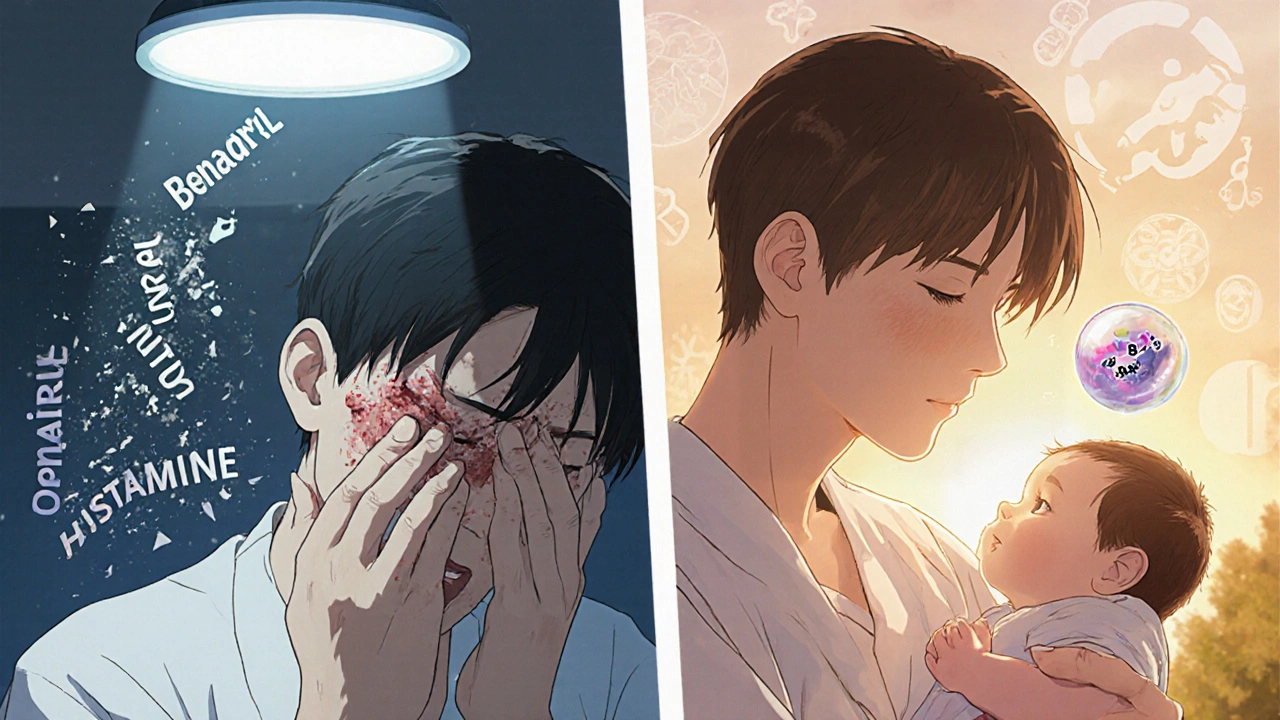 Split image: left shows patient scratching face with failing antihistamines, right shows peaceful bonding with newborn under kappa agonist protection.