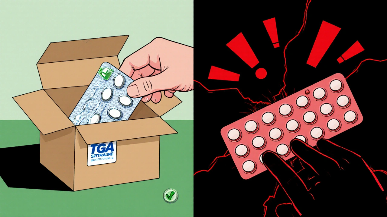 Split scene comparing safe medication delivery with risky counterfeit package.