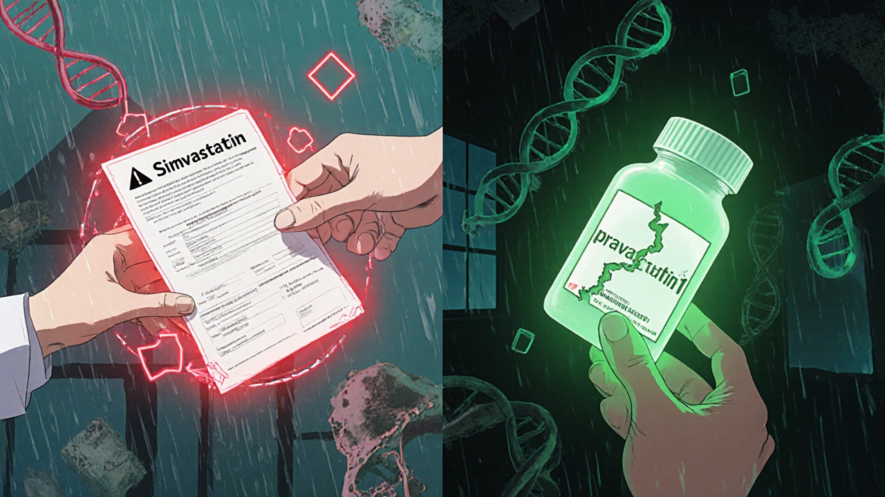 Split scene: red warning for simvastatin vs. green light for pravastatin, with DNA transporters in background.