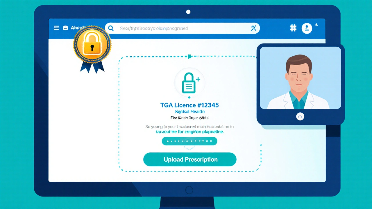 Tablet screen showing secure online pharmacy site with TGA licence badge and prescription upload.
