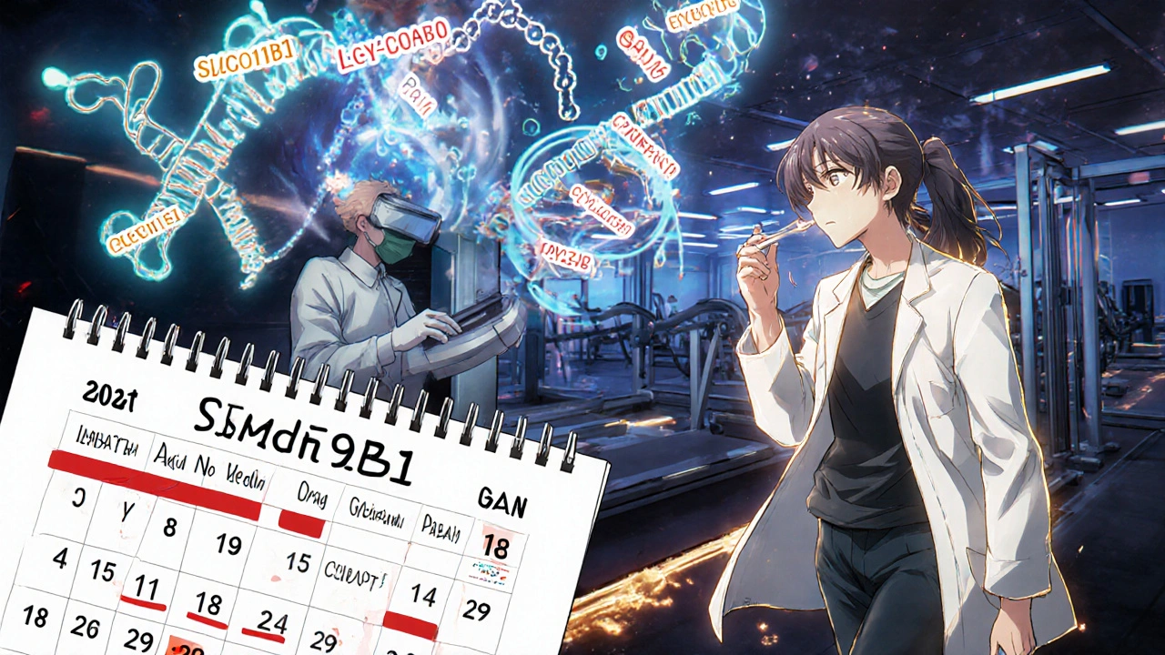 Technician scanning cheek swab as holographic gene maps display alerts, patient walking confidently in background.