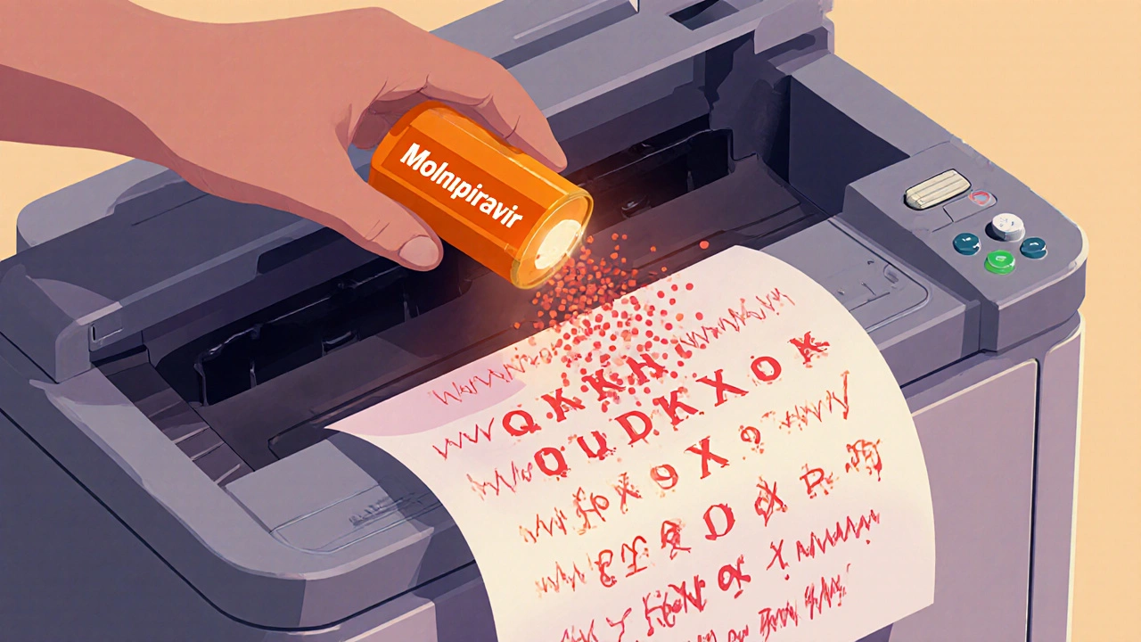 Virus copy‑machine swapping in a Molnupiravir cartridge, printing error‑filled RNA strands.