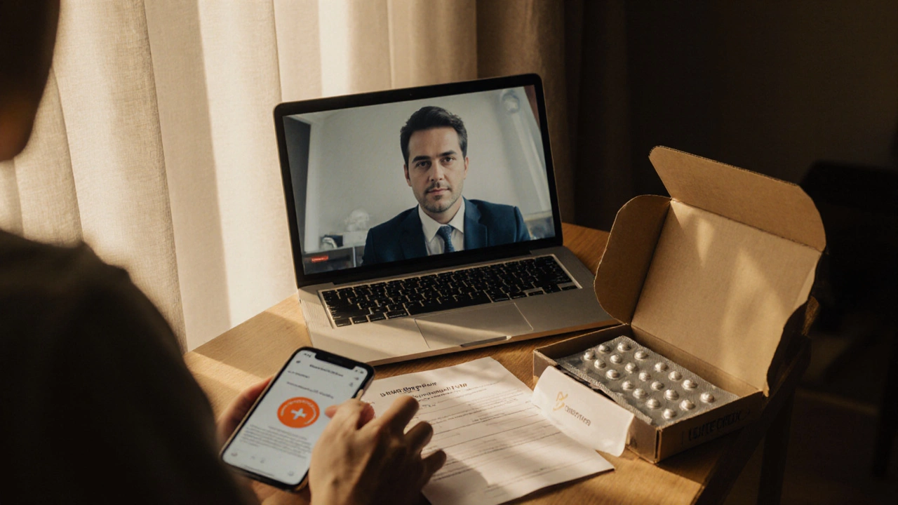Warm scene of a telehealth video call, prescription, and medication delivery box.