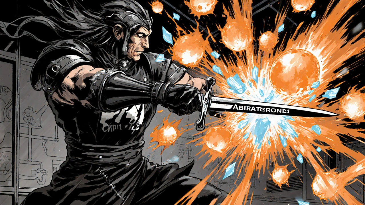 Warrior figure representing Abiraterone cuts through androgen molecules.