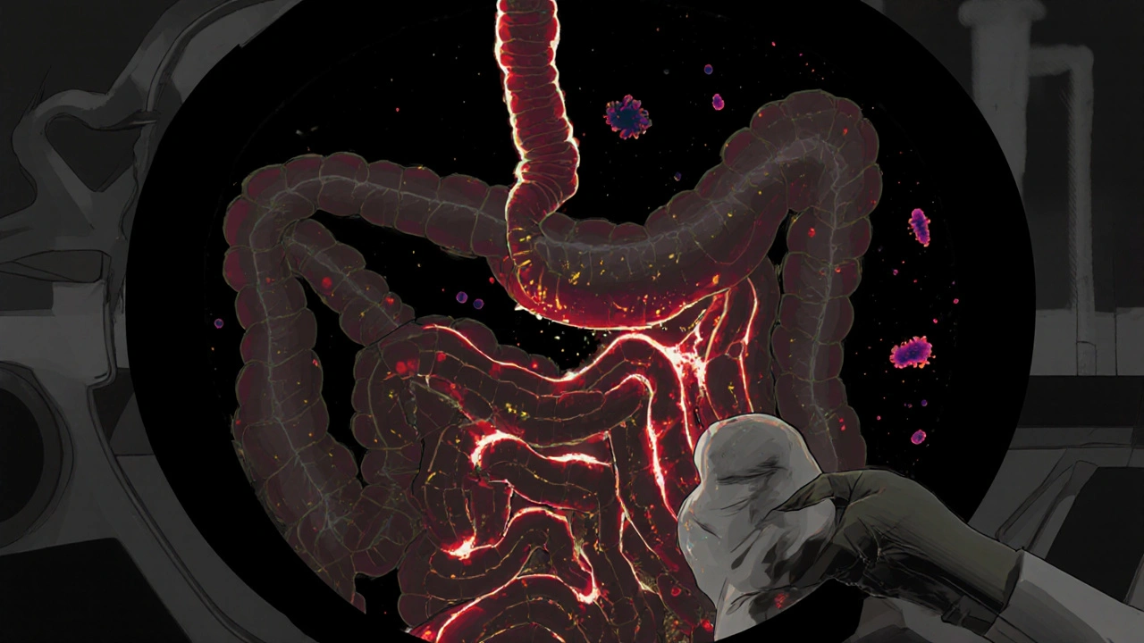 A doctor performing a fecal transplant, with healthy bacteria glowing as they restore the colon’s balance.