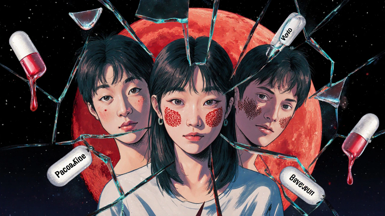 A fractured mirror showing three versions of a person: healthy, ill, and with empty bone marrow, surrounded by floating medication names.