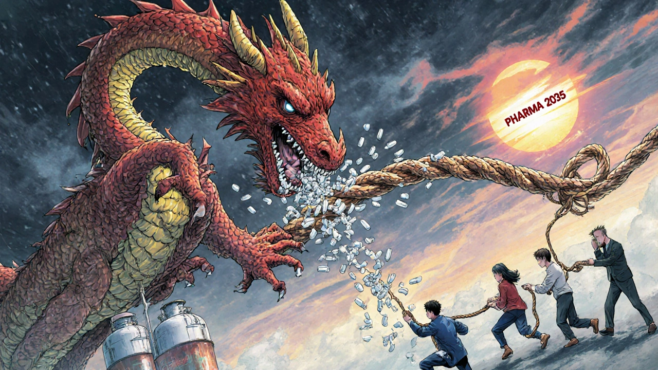 A global drug supply chain as a breaking rope, with a dragon made of chemical tanks at the center, and figures from the U.S., EU, and India trying to rebuild it.