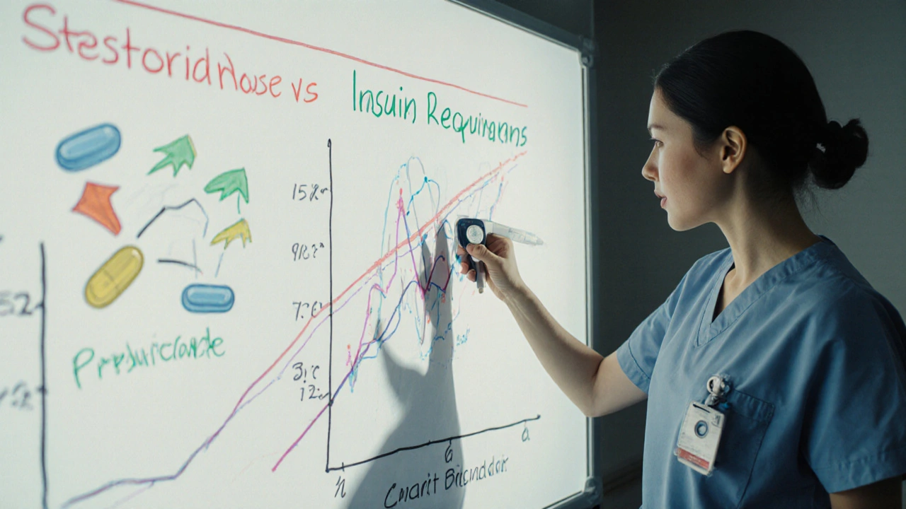 A nurse adjusts an insulin pump as a doctor points to a whiteboard chart of steroid doses and insulin needs in a hospital.
