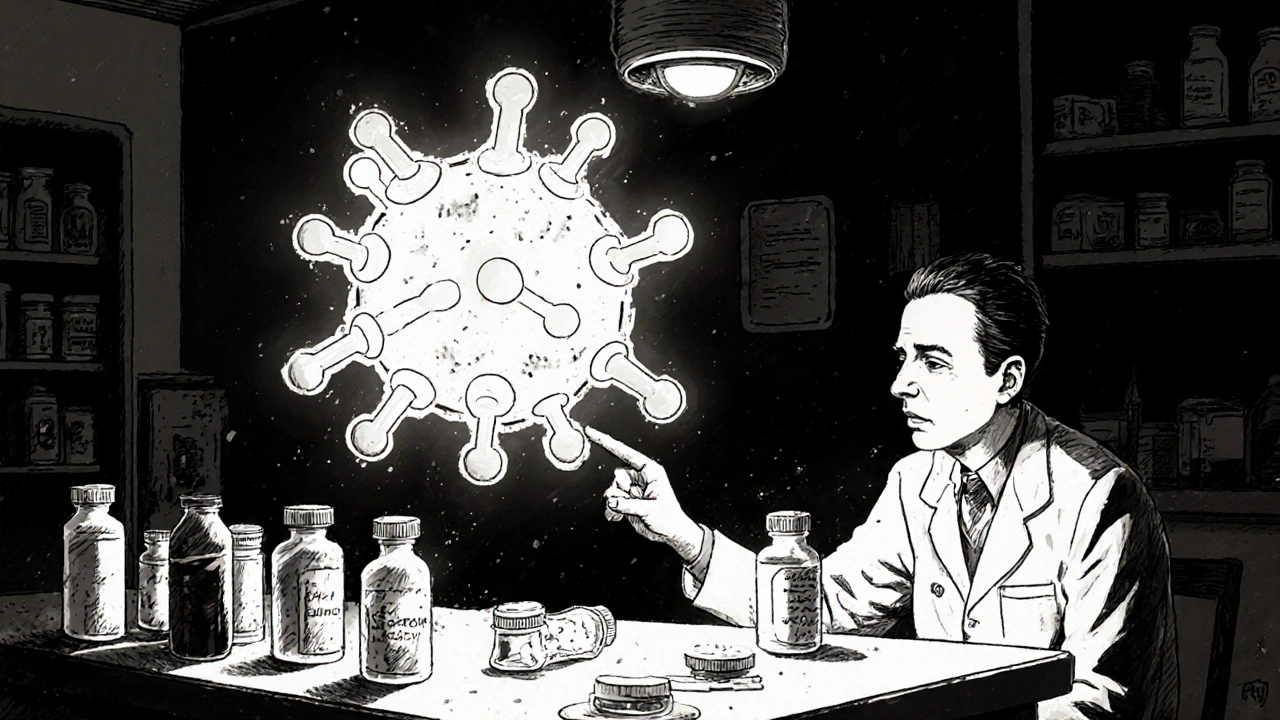 A patient and pharmacist examining a glowing molecular structure that looks the same on branded and generic drugs.