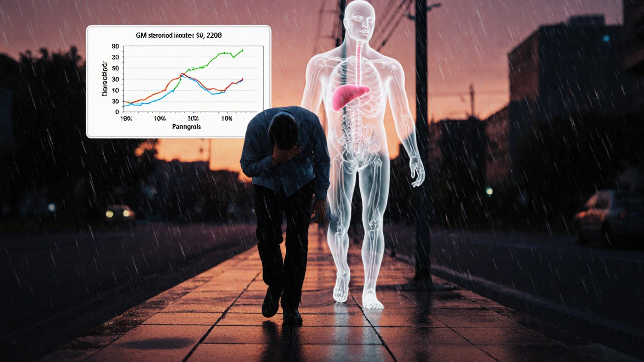 A patient collapses on a sidewalk as a fading pancreas and falling insulin graph float above them in the rain.