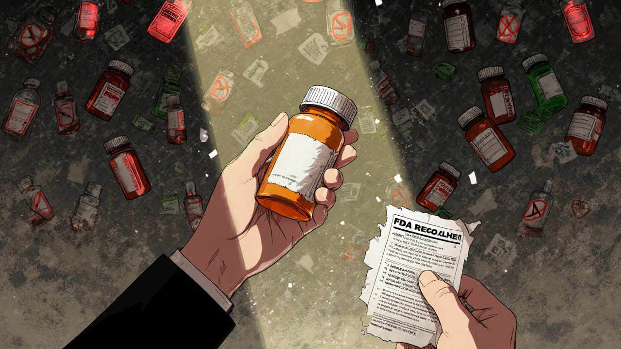 A patient holds a prescription as floating pill bottles glow red or green behind them.