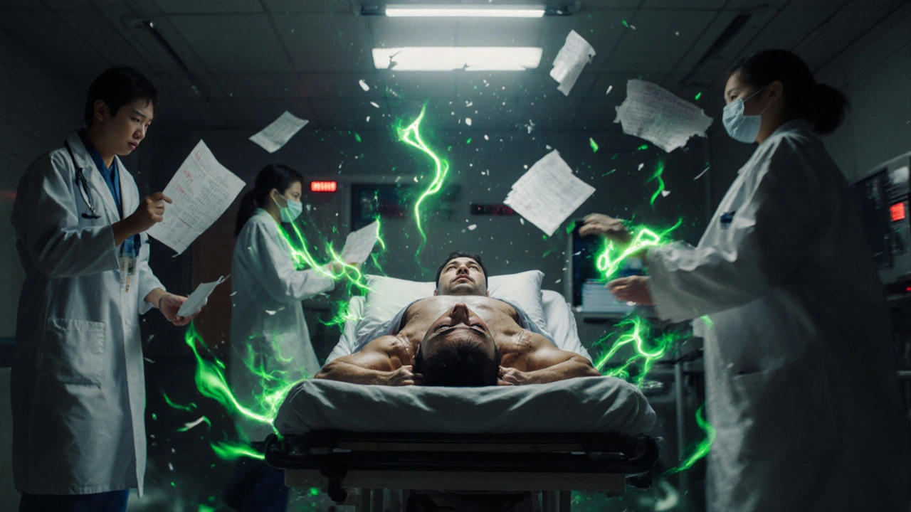 A patient in emergency room with rigid muscles and flashing medical monitors, serotonin surging around them.