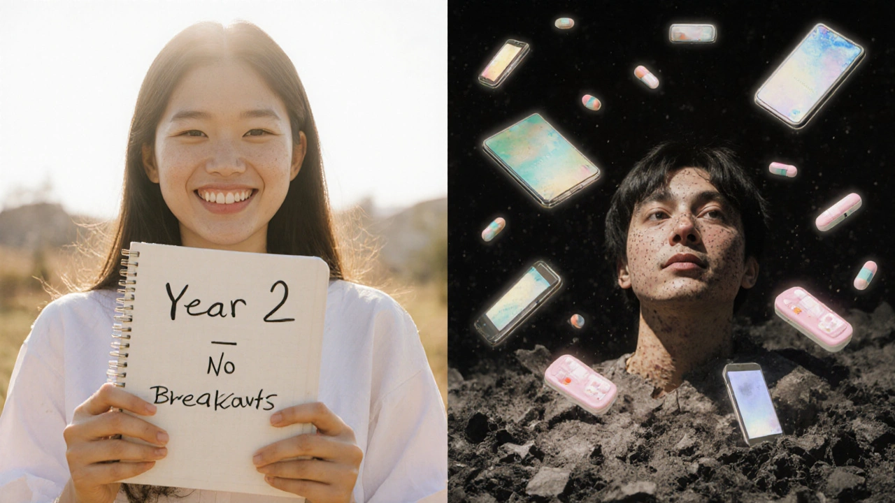 A person with clear skin smiles beside their former self buried in acne, pills and therapies crumbling into ash.