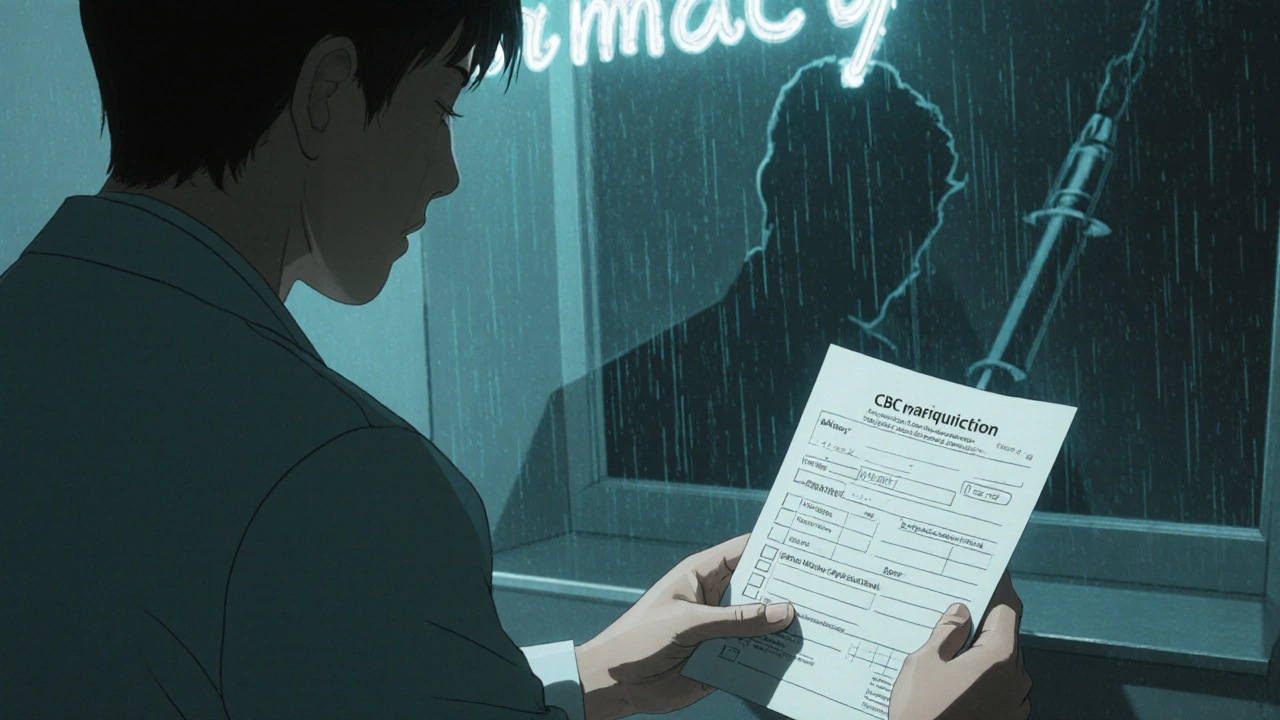 A pharmacist handing a blood test form to a worried patient under flickering neon lights, rain visible through the window.